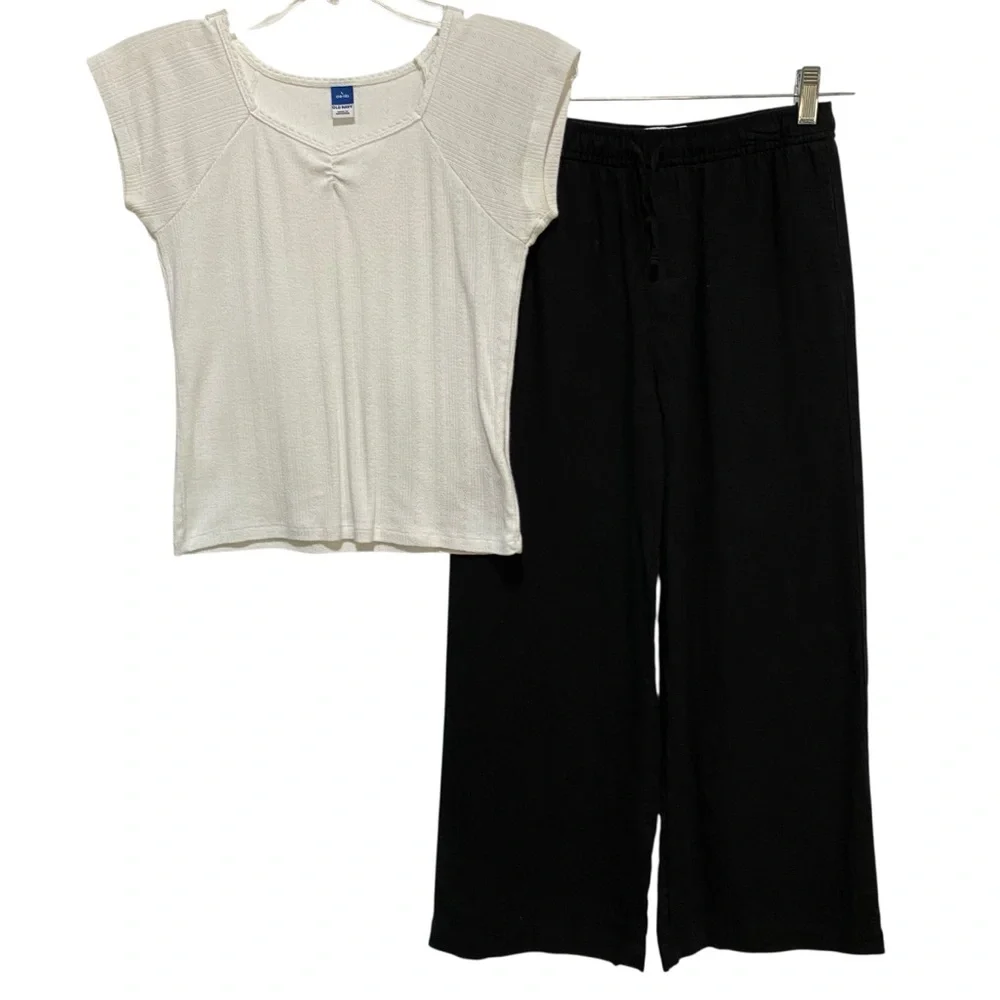 Old Navy Cream Ribbed Tee & Black Wide-Leg Pull-On Pants Kids Set Size Large